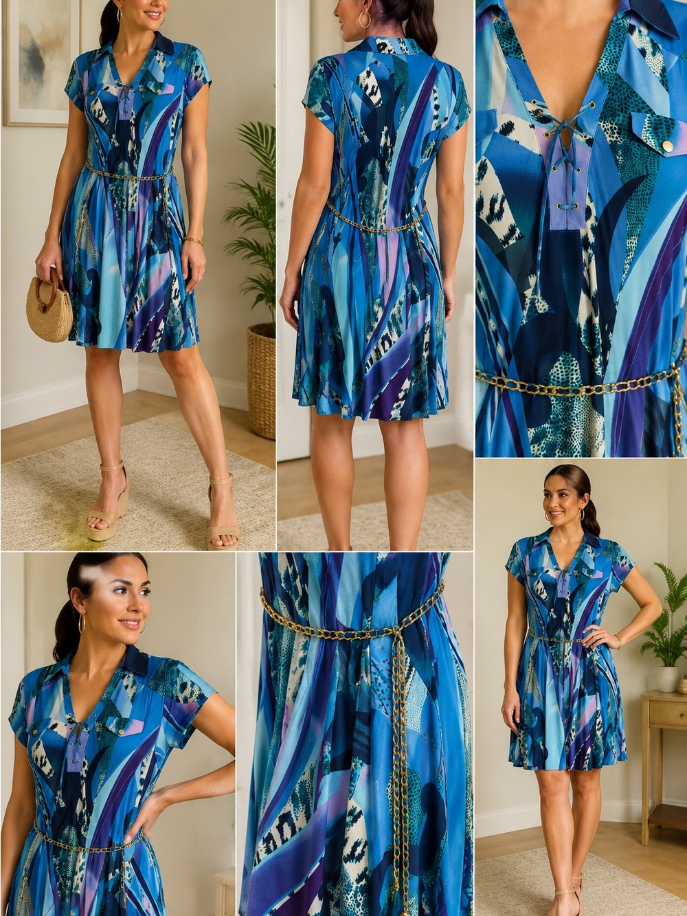 Cache Blue & Purple Abstract Print Dress with Chain Belt